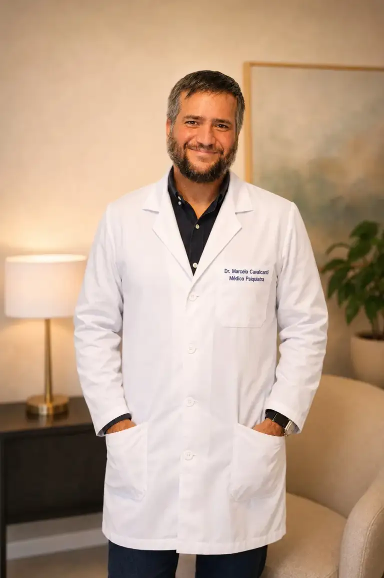 Dr. Marcelo Cavalcanti, psiquiatra em Joinville/SC, em consultório — atendimento de crianças, adolescentes e adultos